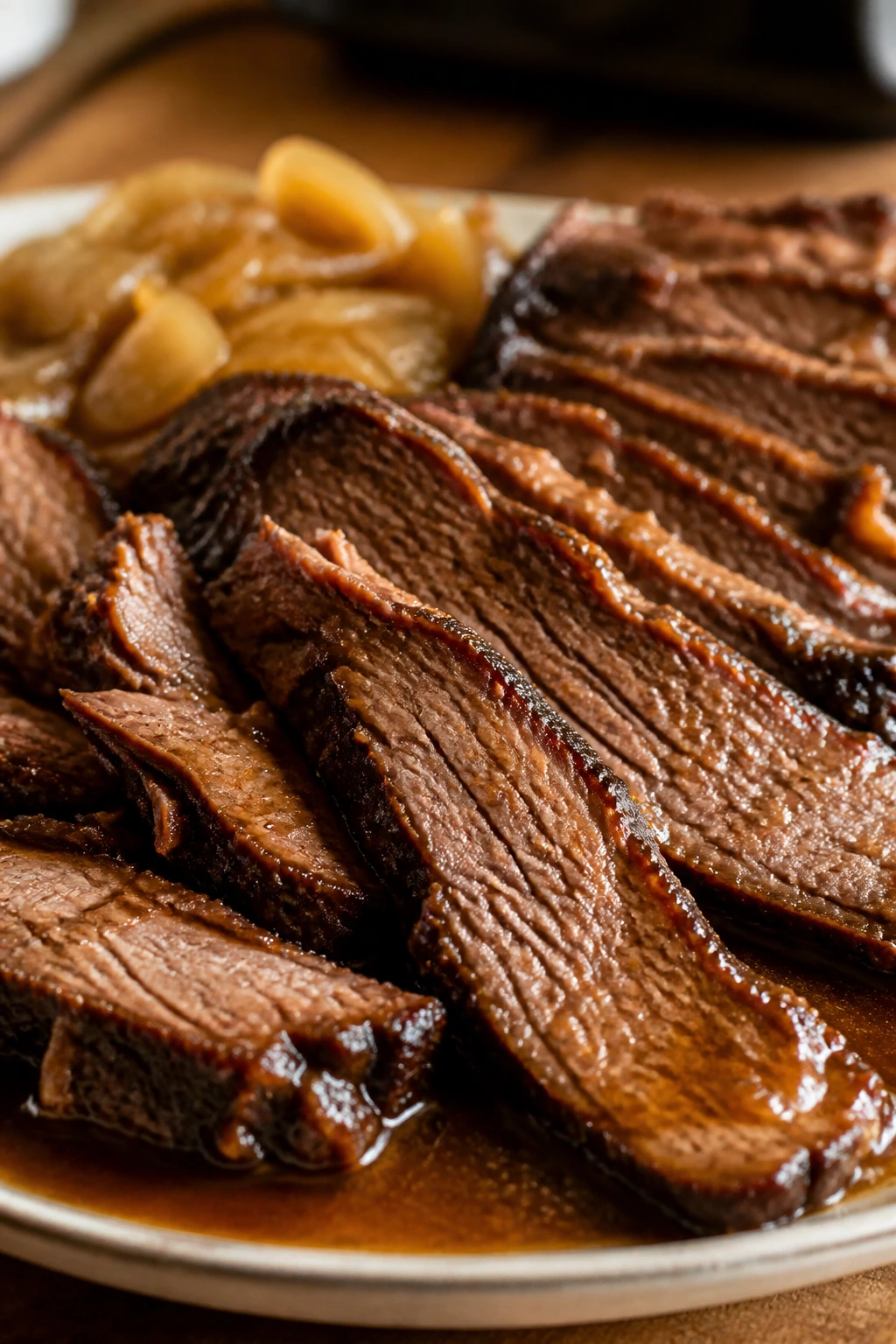 Sliced brisket in beer-braised sauce on plate