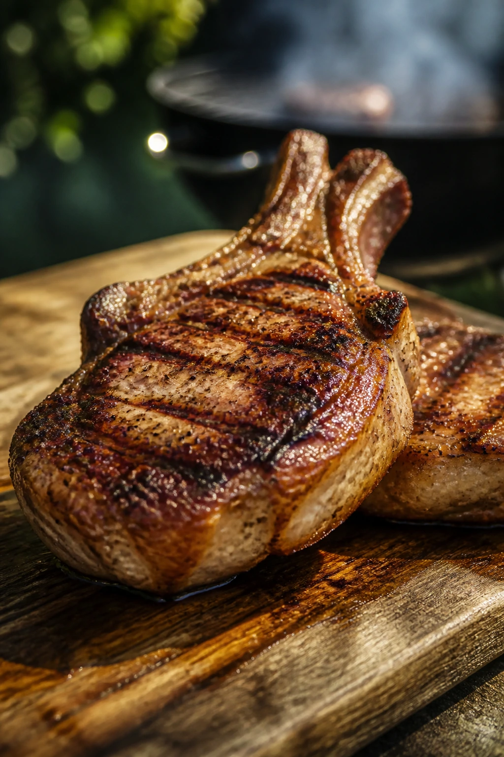 Two bone-in pork chops with a caramelized crust on a wooden board in outdoor light