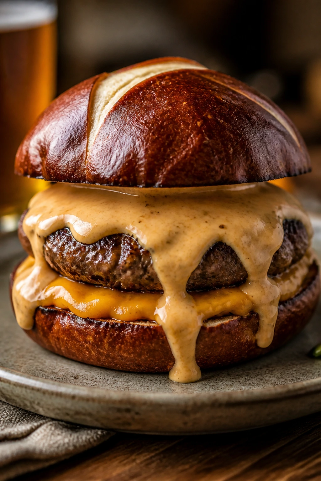 Close-up Beer Cheese Burger on pretzel bun with beer cheese