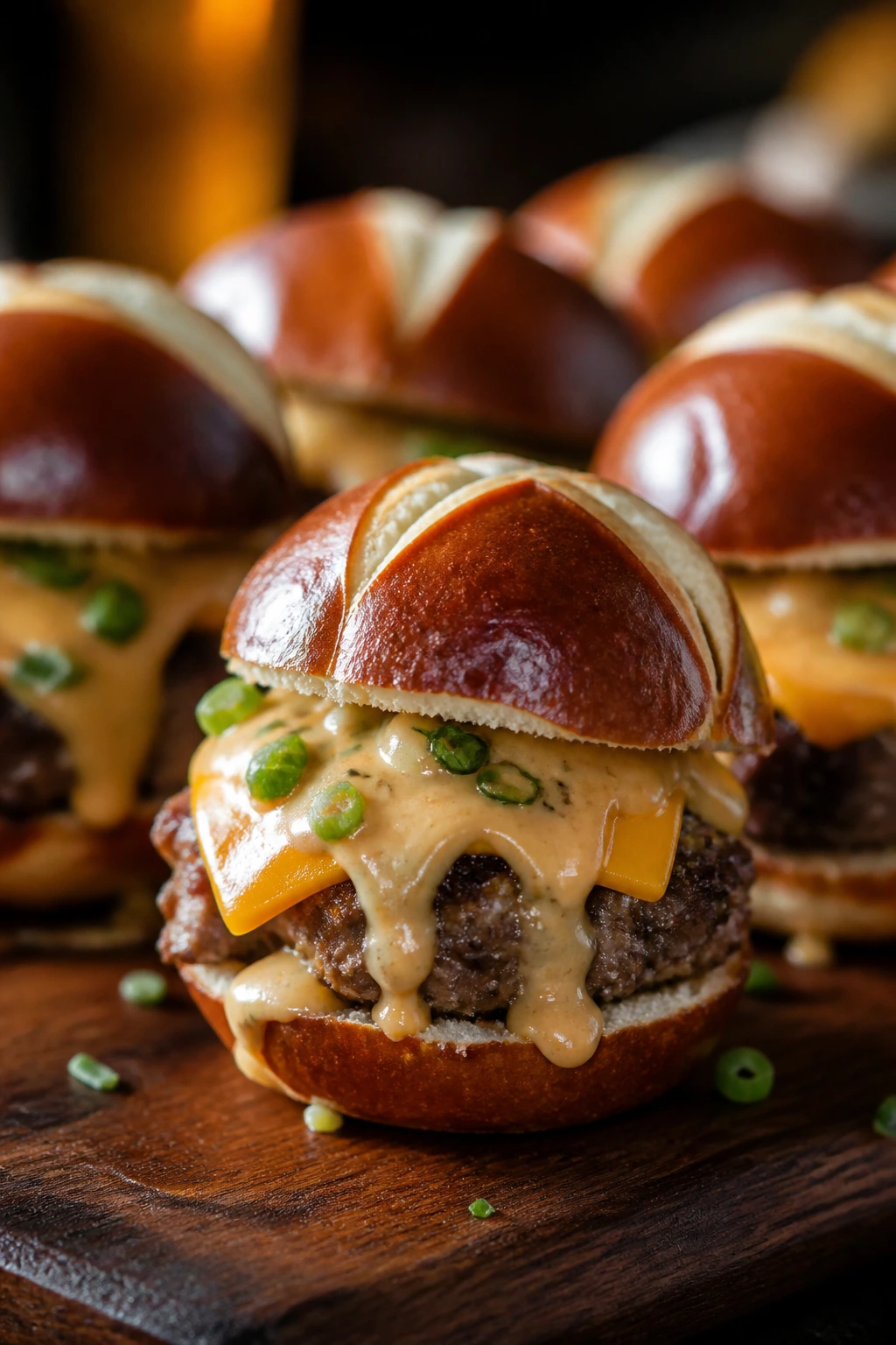 Beer Cheese Pretzel Sliders with pretzel buns and cheese sauce