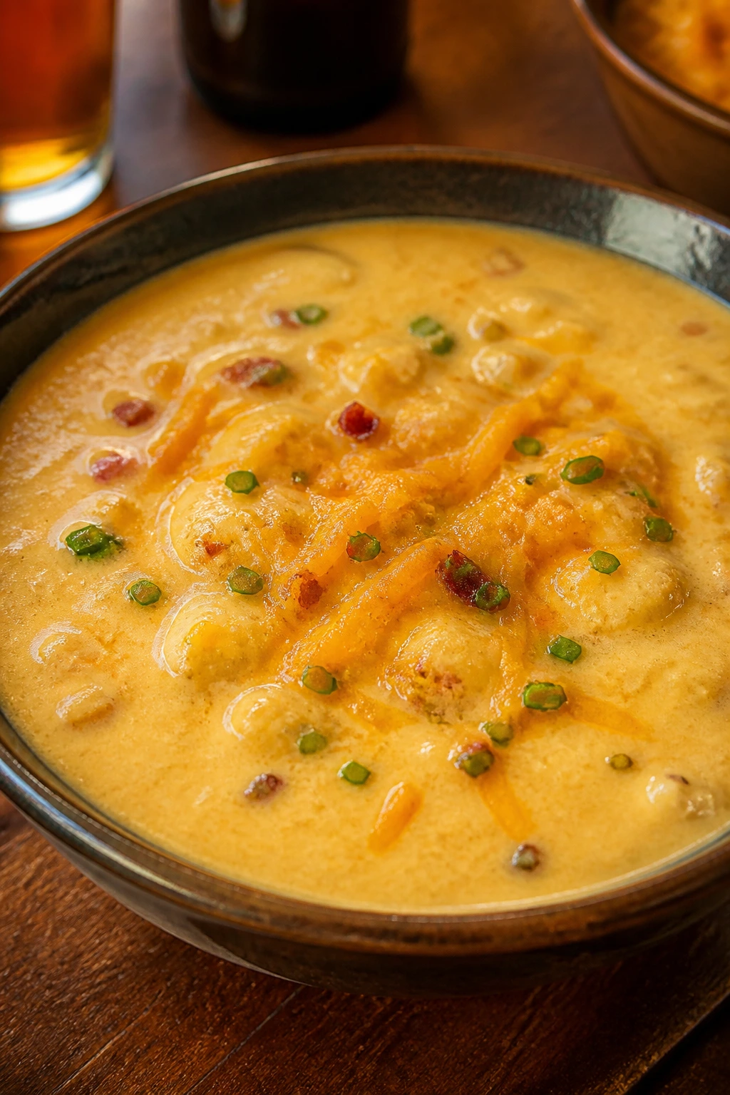 Thick beer cheese soup in a bowl with melted cheddar