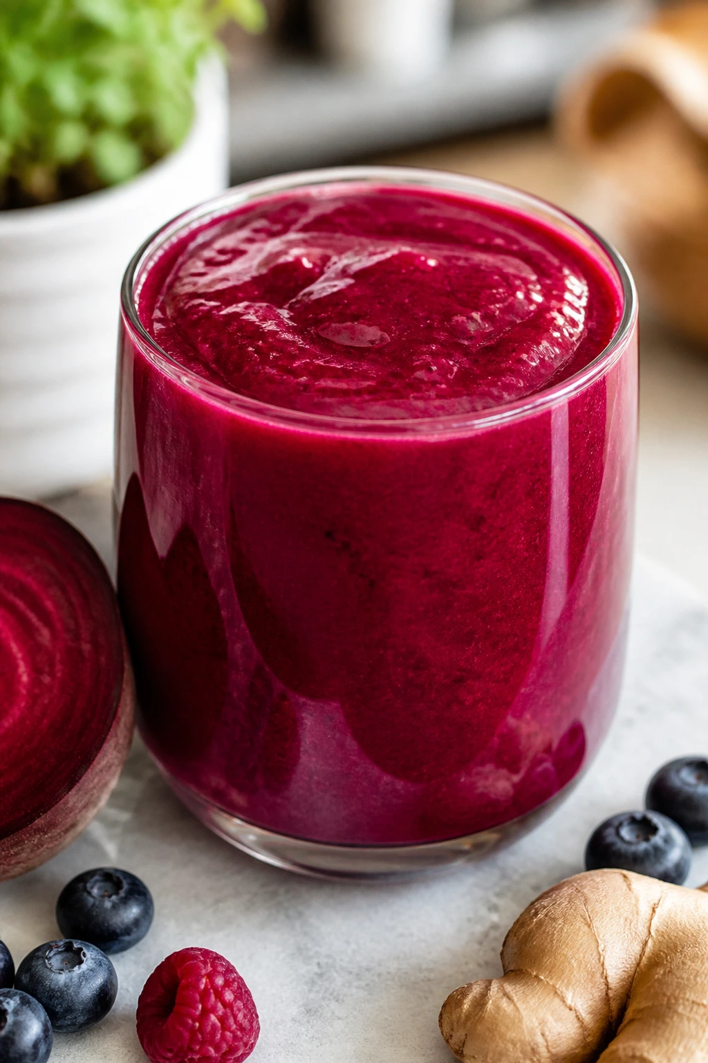 Close-up of Beet Berry Smoothie in a glass on a warm kitchen counter