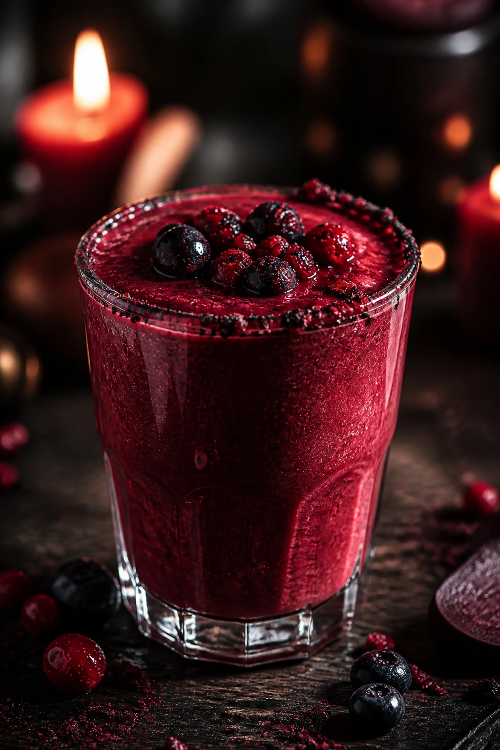 Deep red beet berry smoothie in glass