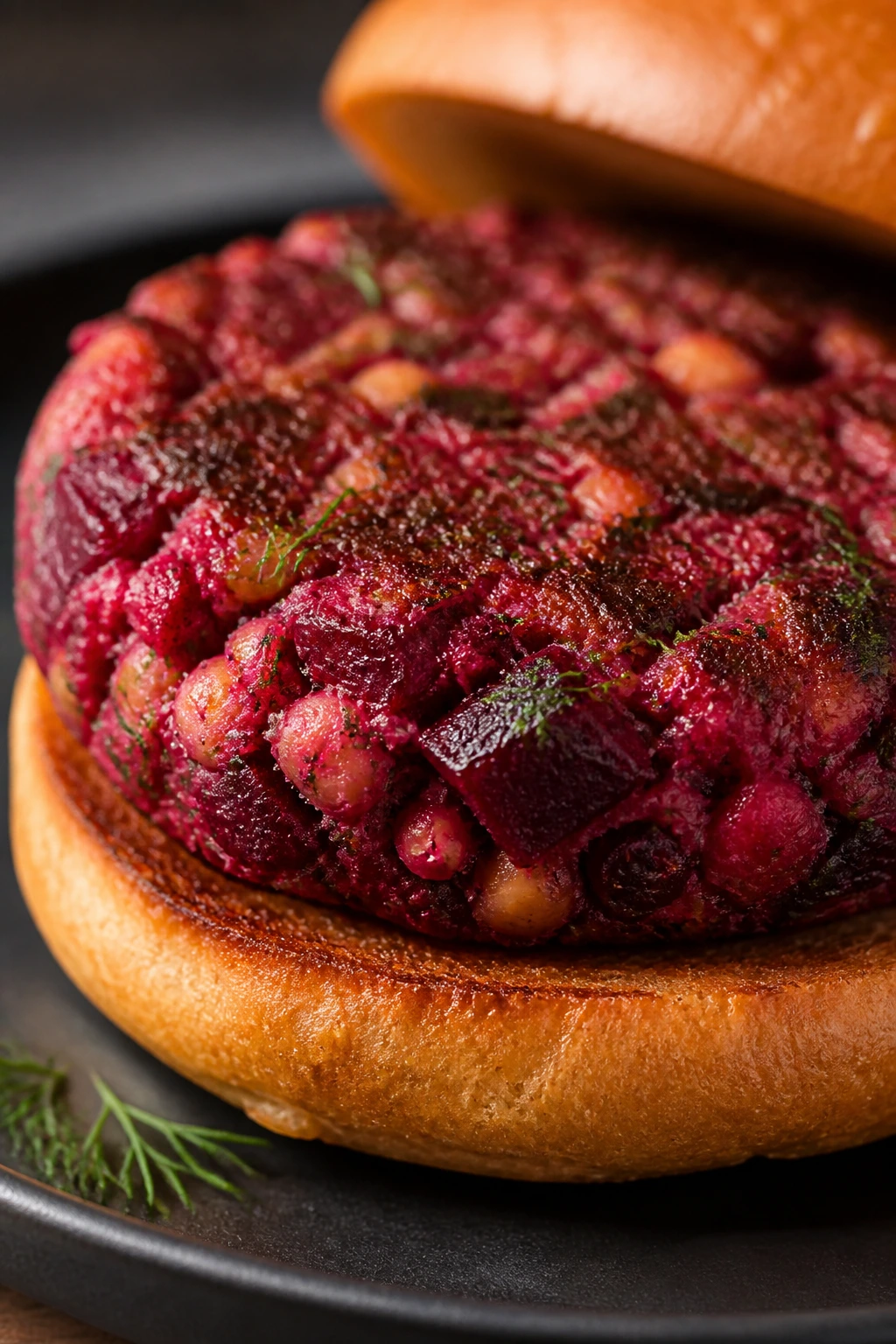Close-up of Beet Chickpea Burger patty with dill on dark plate
