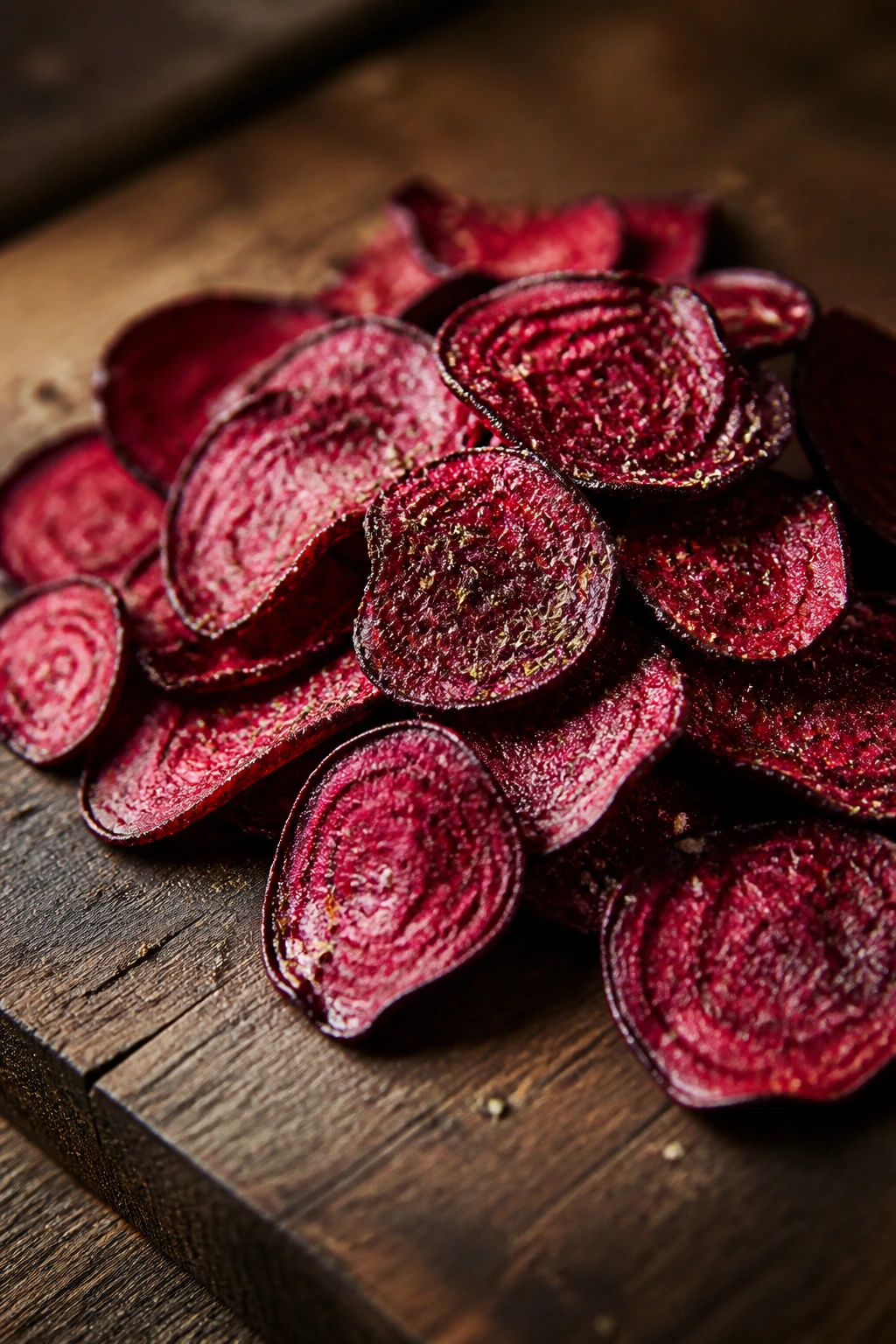 Close-up of crispy beet chips seasoned with thyme salt