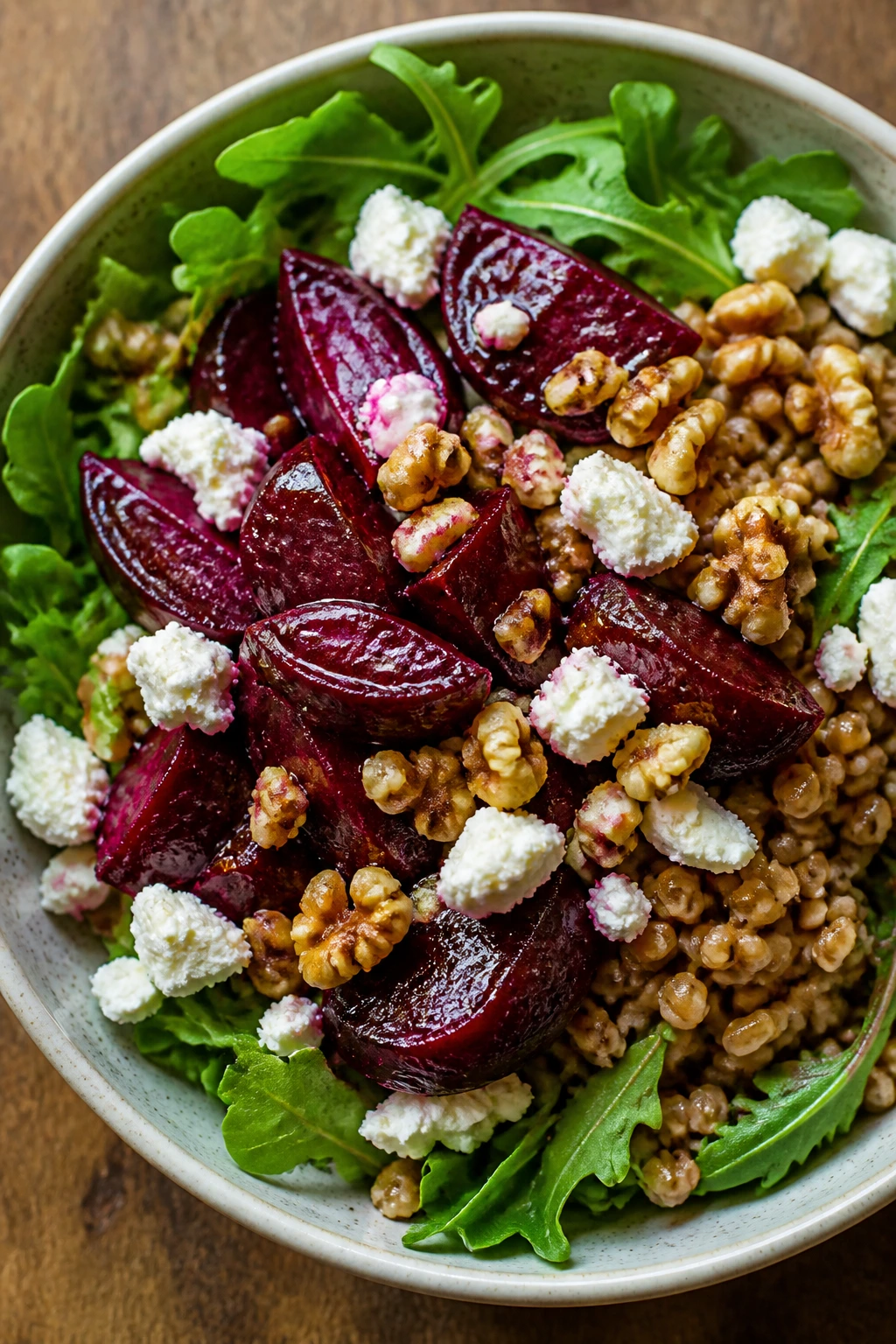 Close-up of a beet and goat cheese grain bowl with farro and walnuts.
