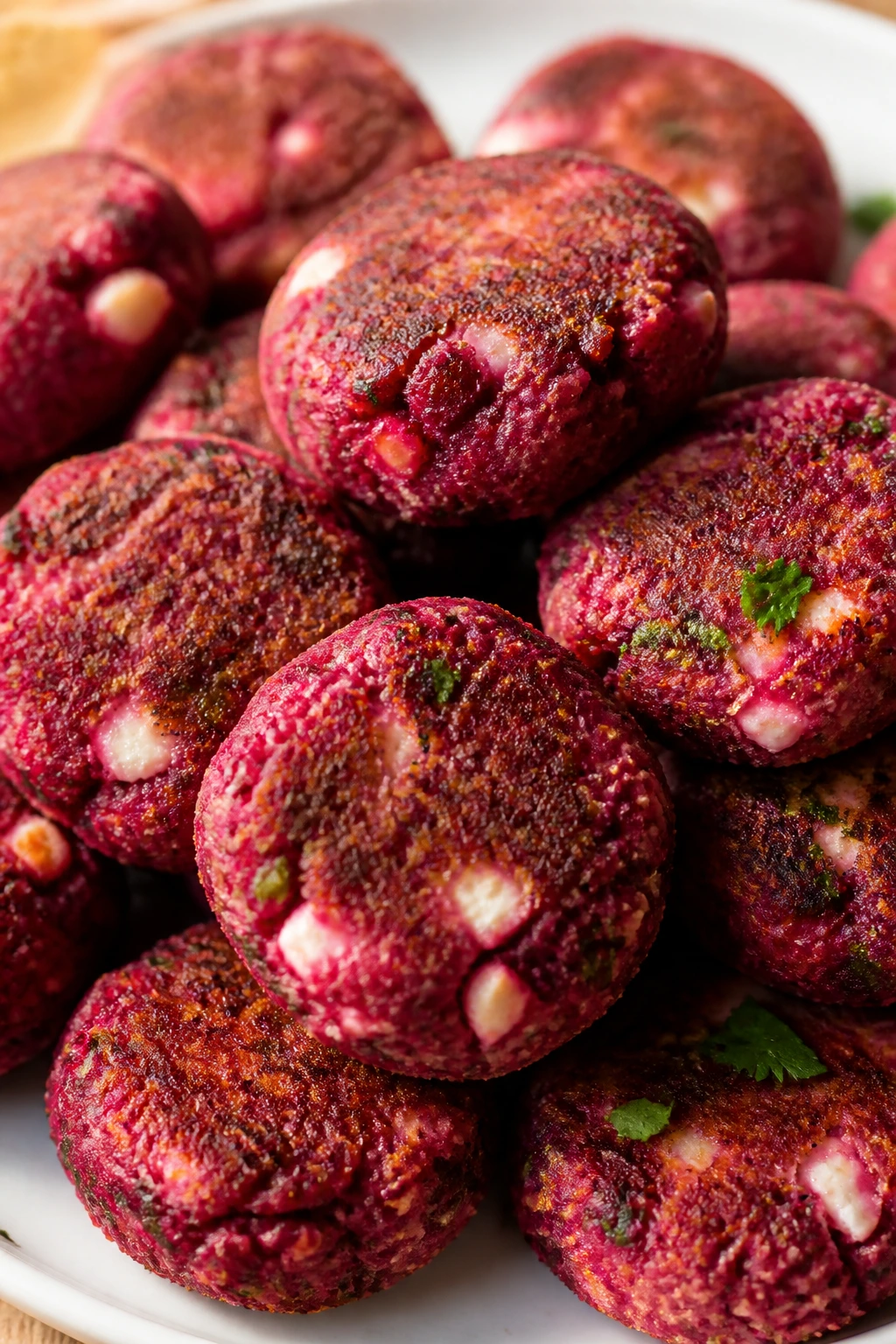 Close-up of beet goat cheese veggie nuggets on plate with pink interior