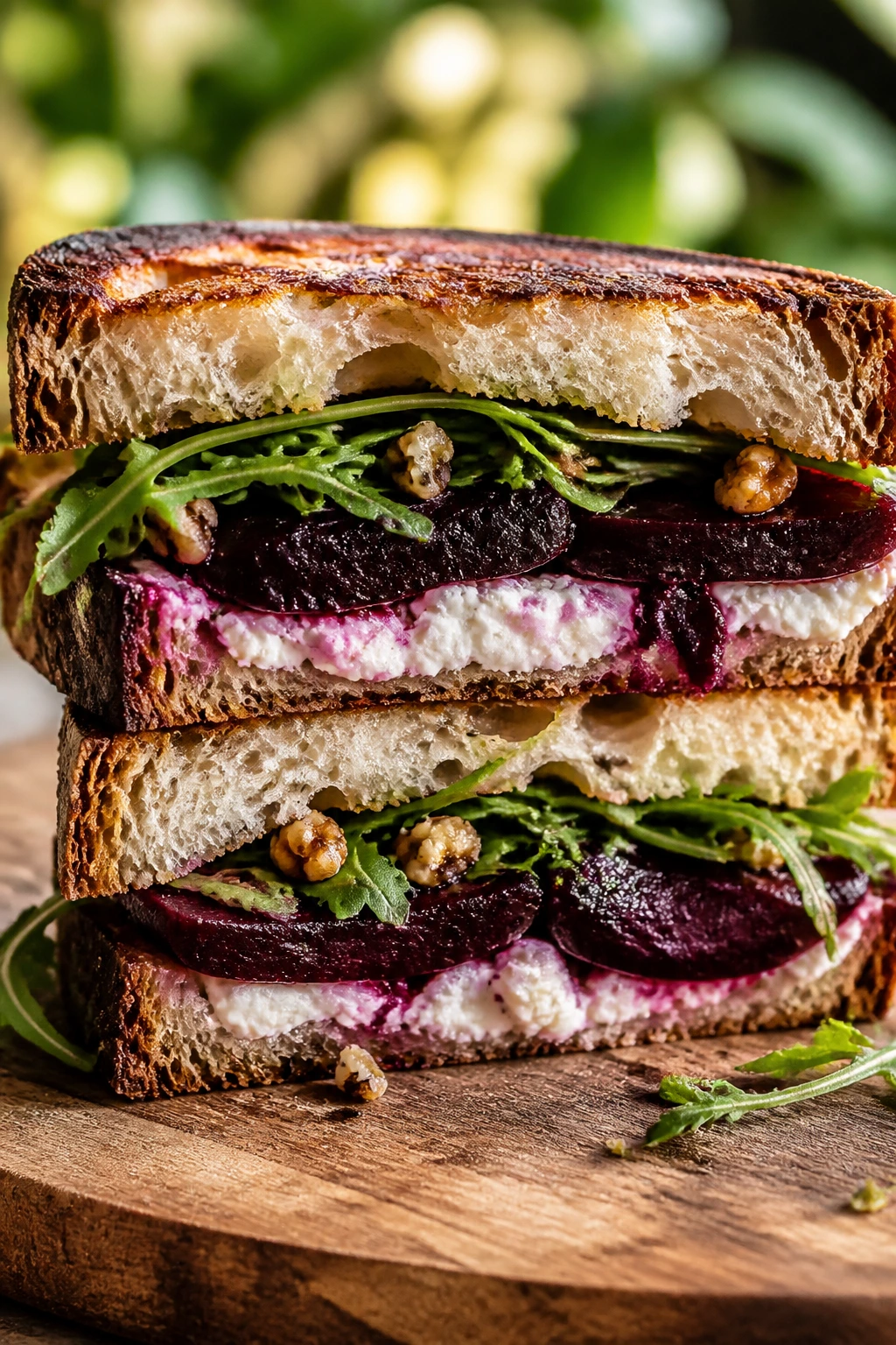Beet and goat cheese sandwich with arugula on a rustic board.