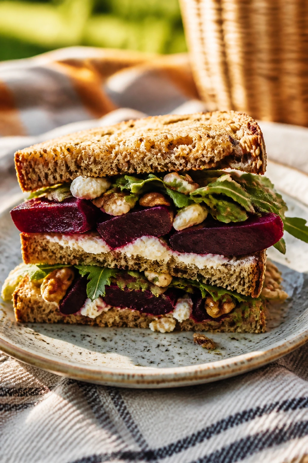 Cross-section of beet, goat cheese, and walnut sandwich on multigrain bread.