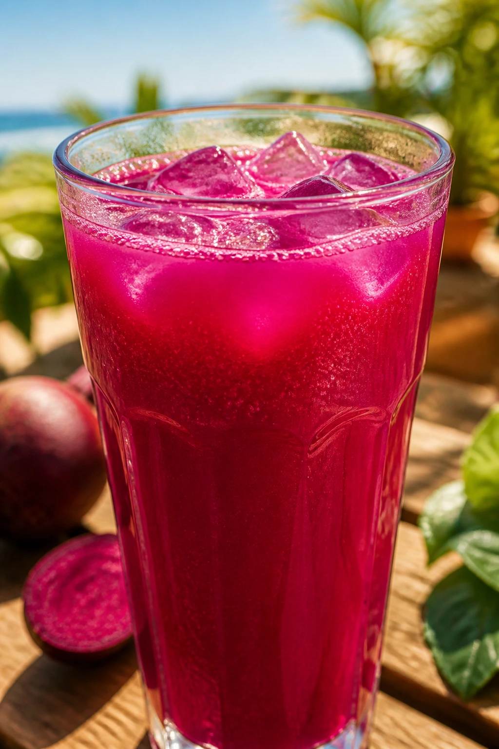 Close-up of a tall glass of bright tropical beet juice on a sunlit outdoor table