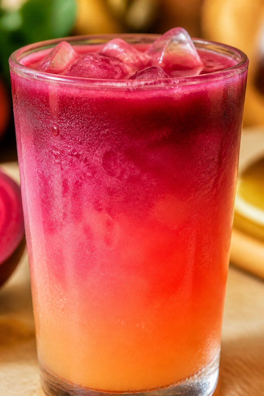 Glass of tropical beet juice with a subtle color gradient
