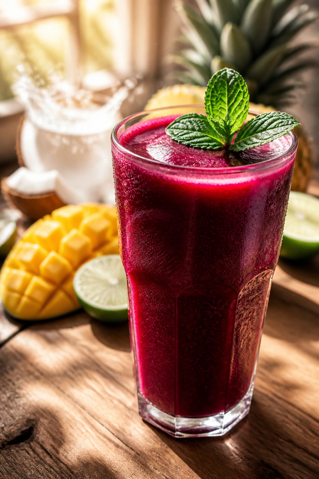 Close-up of a vibrant beet juice cocktail in a glass with pineapple, mango, lime, and mint on a warm wooden counter.