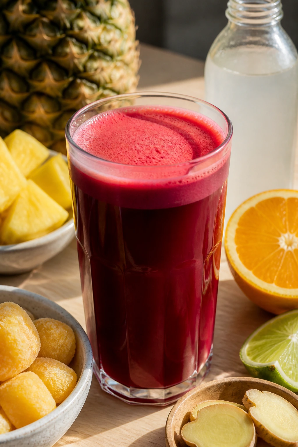 Close-up of tropical beet juice in a glass with pineapple, mango, orange, lime, ginger, and coconut water around.