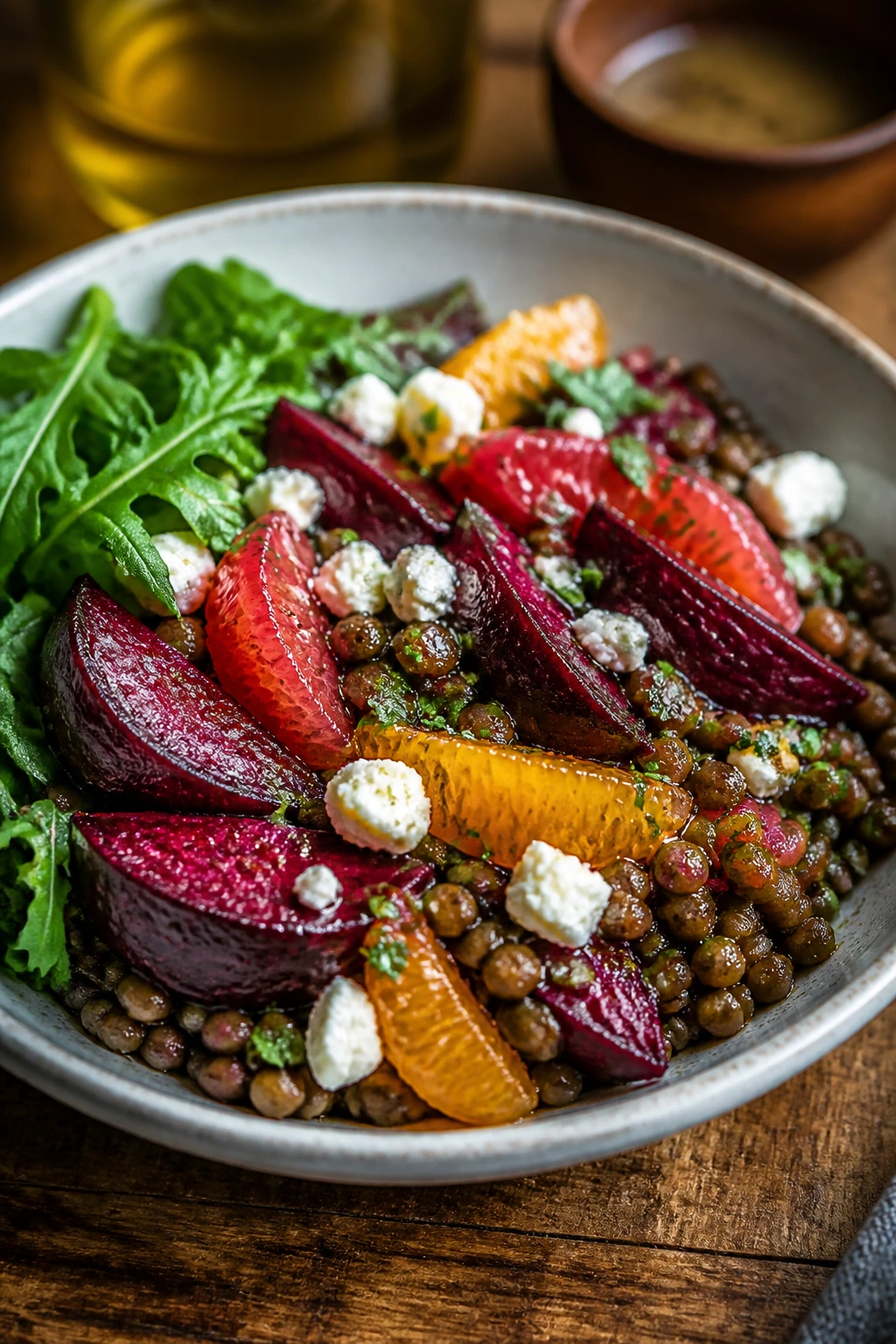 Medium close-up of beet and citrus lentil salad in a bowl