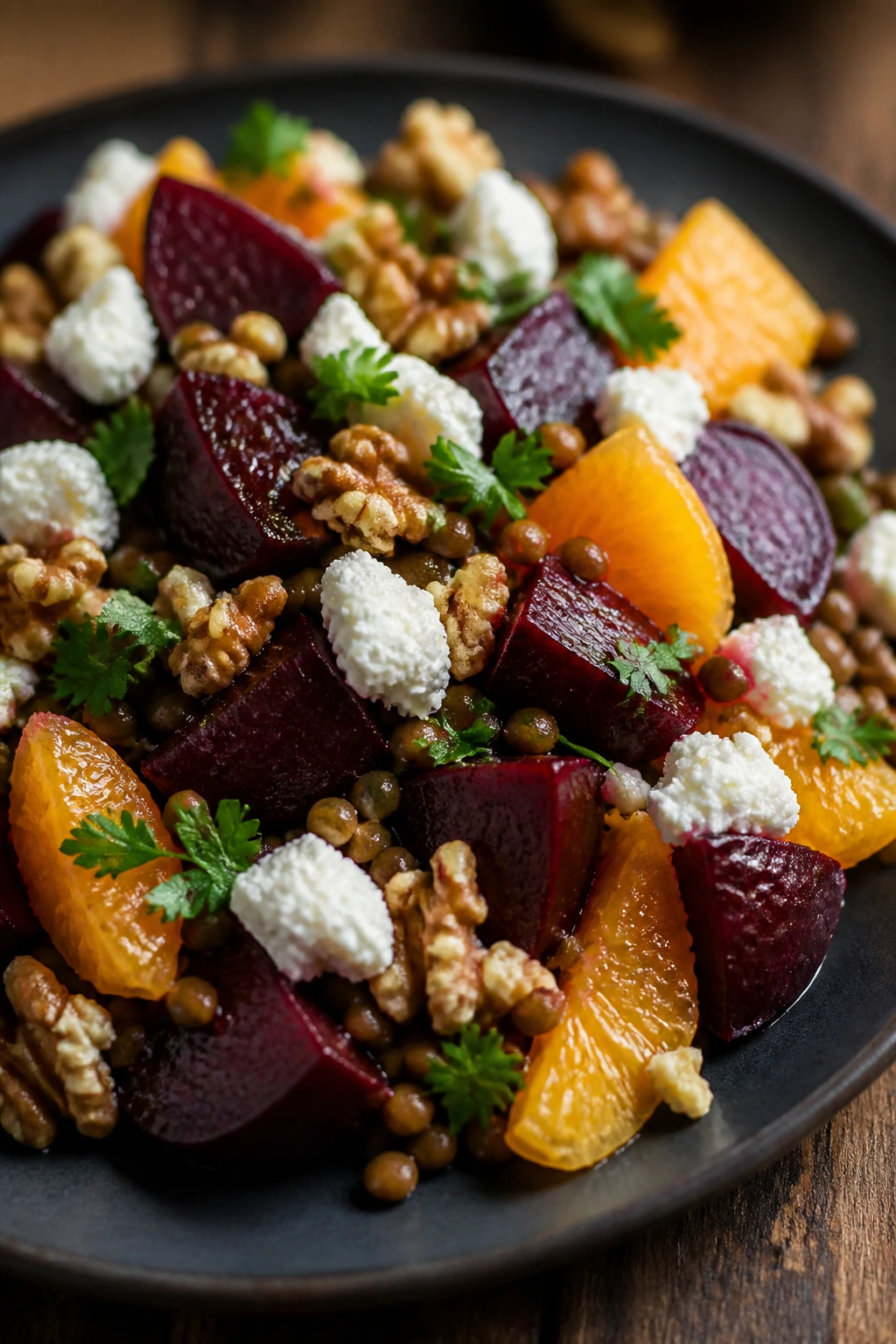 Close-up of beet, orange, and lentil salad with goat cheese