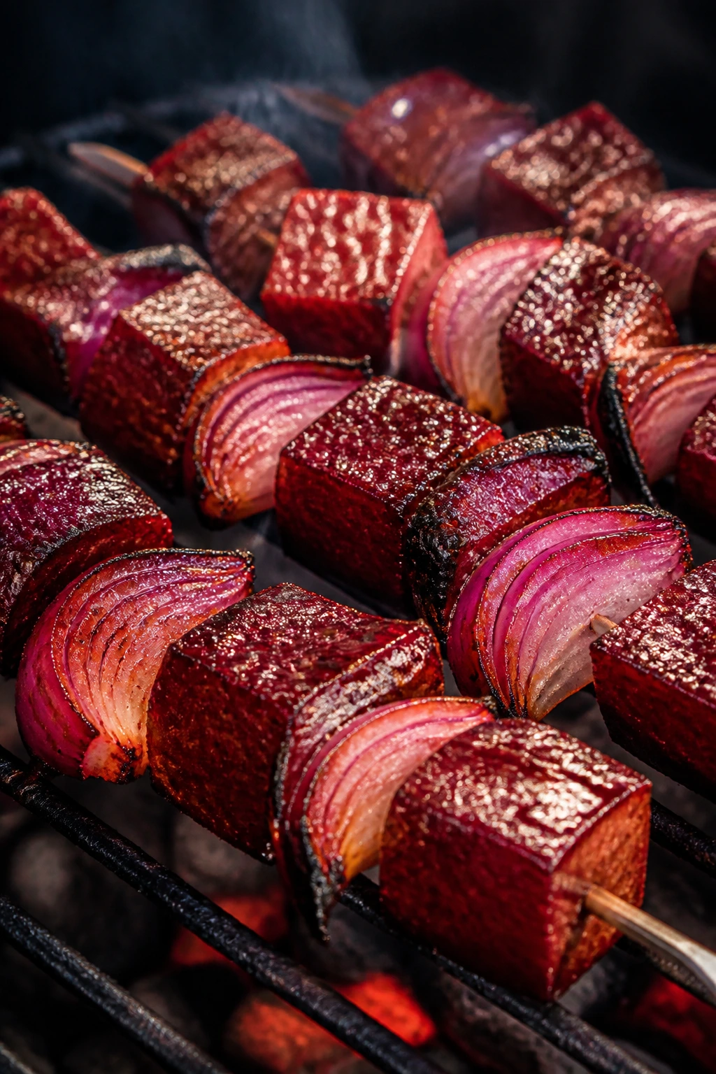 Close-up of beet and red onion skewers with smoked paprika glaze on a grill