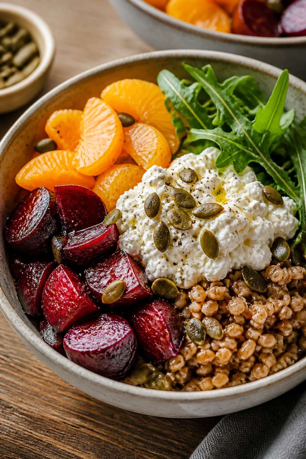Colorful beet and farro bowl with cottage cheese on a wooden table