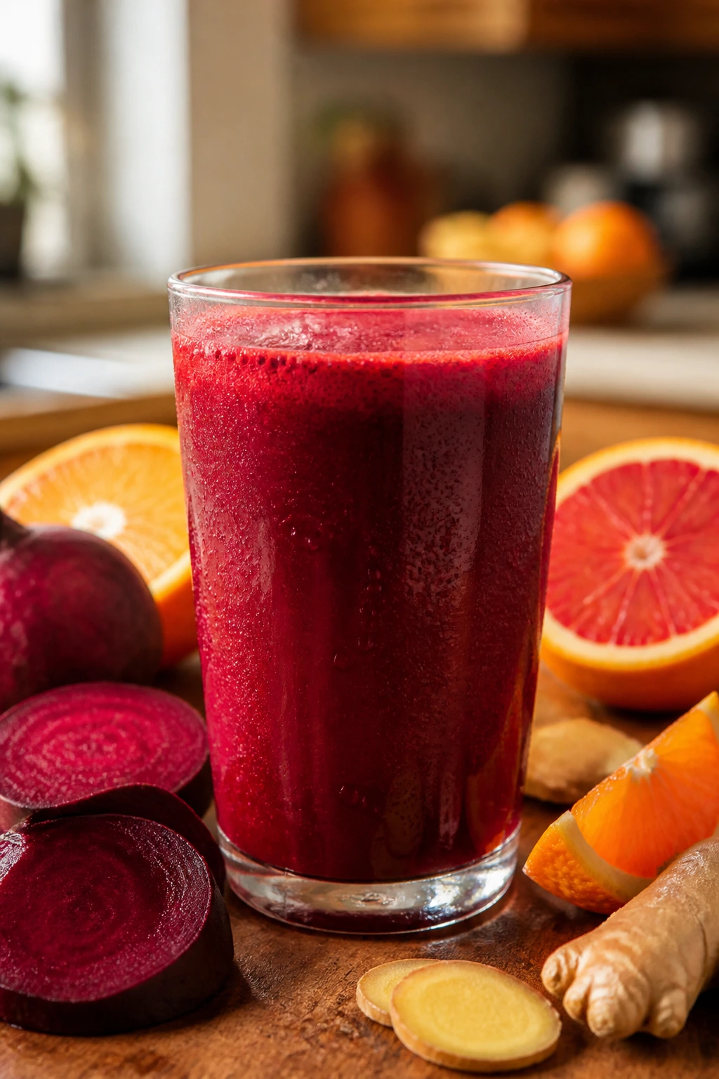 Glass of beet orange ginger juice with deep ruby color