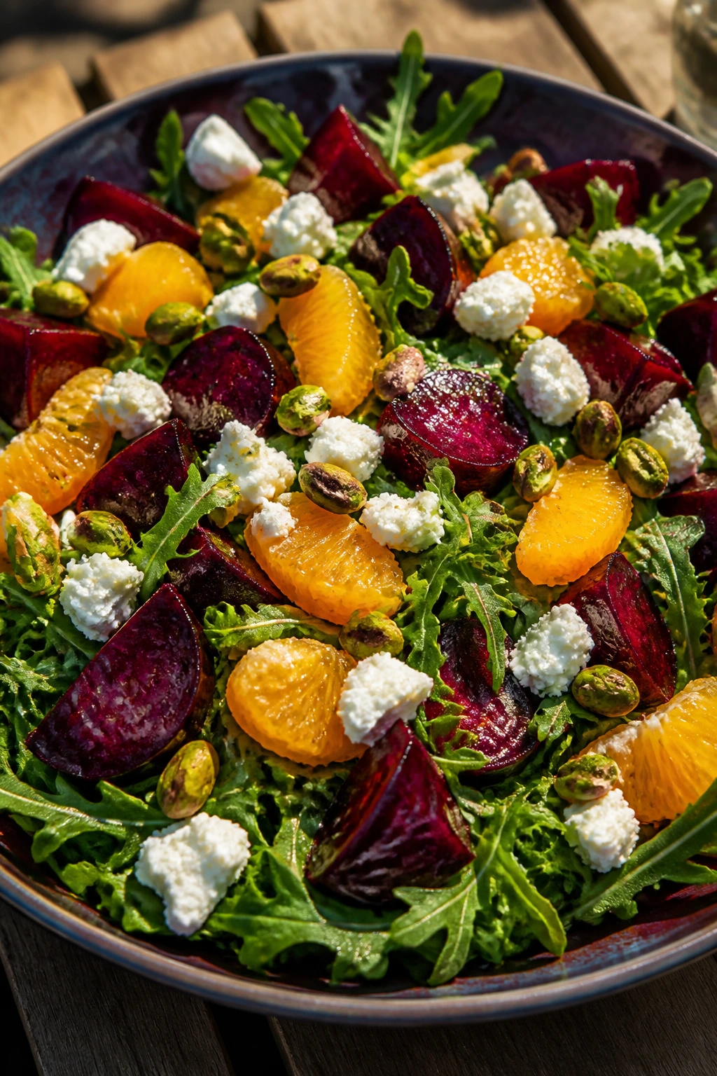 Close-up of Beet, Orange, and Goat Cheese Salad on arugula