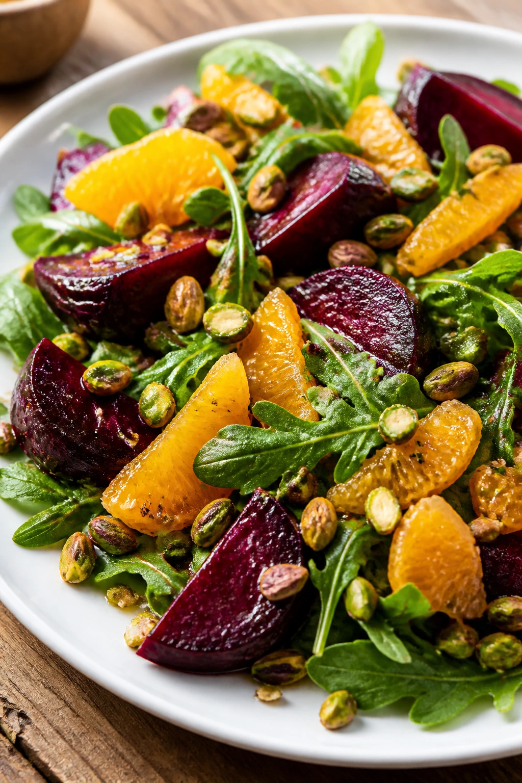 Close-up of roasted beet, orange, and pistachio salad on greens in a white plate.