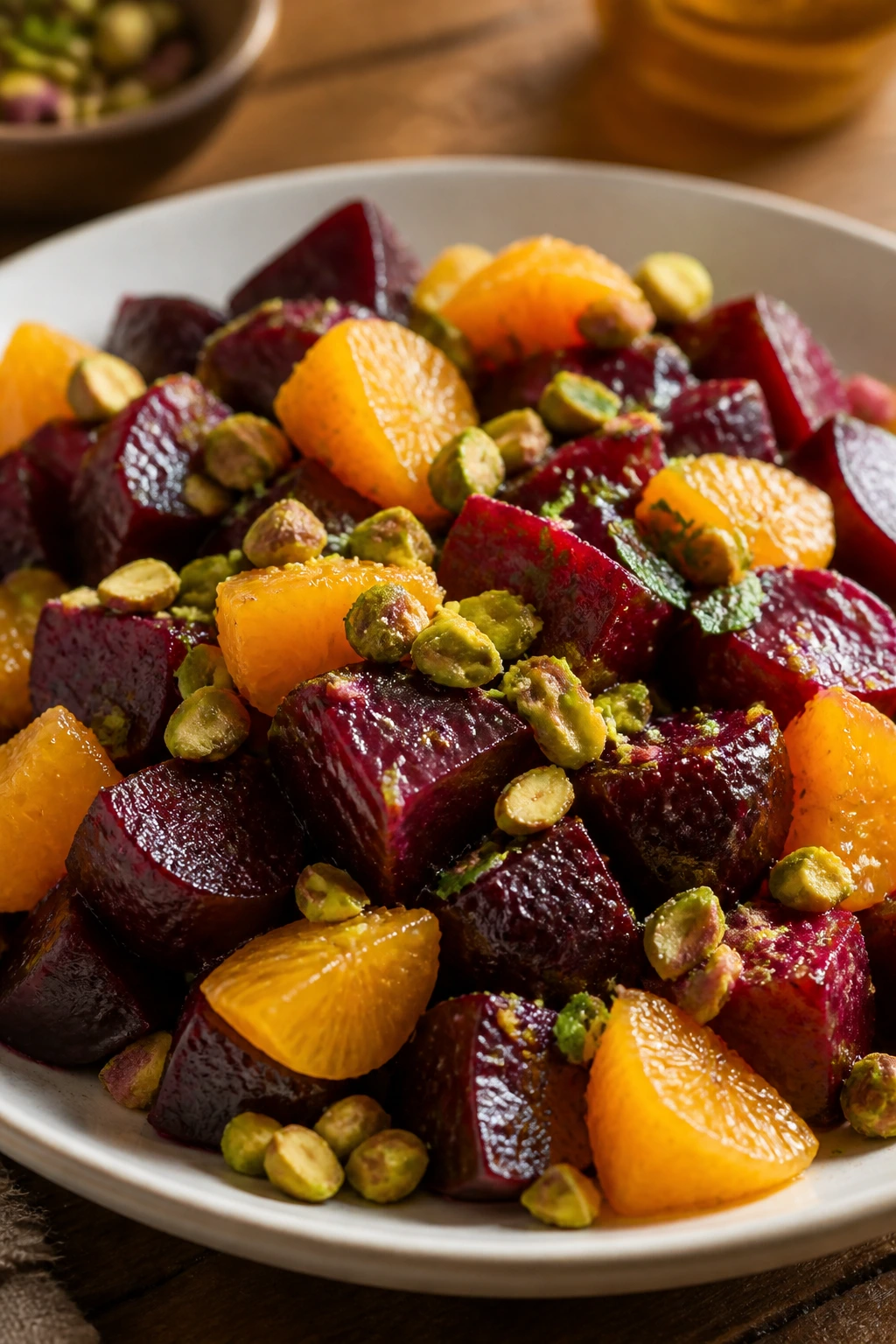Close-up of Roasted Beet and Orange Salad with Pistachios on a plate