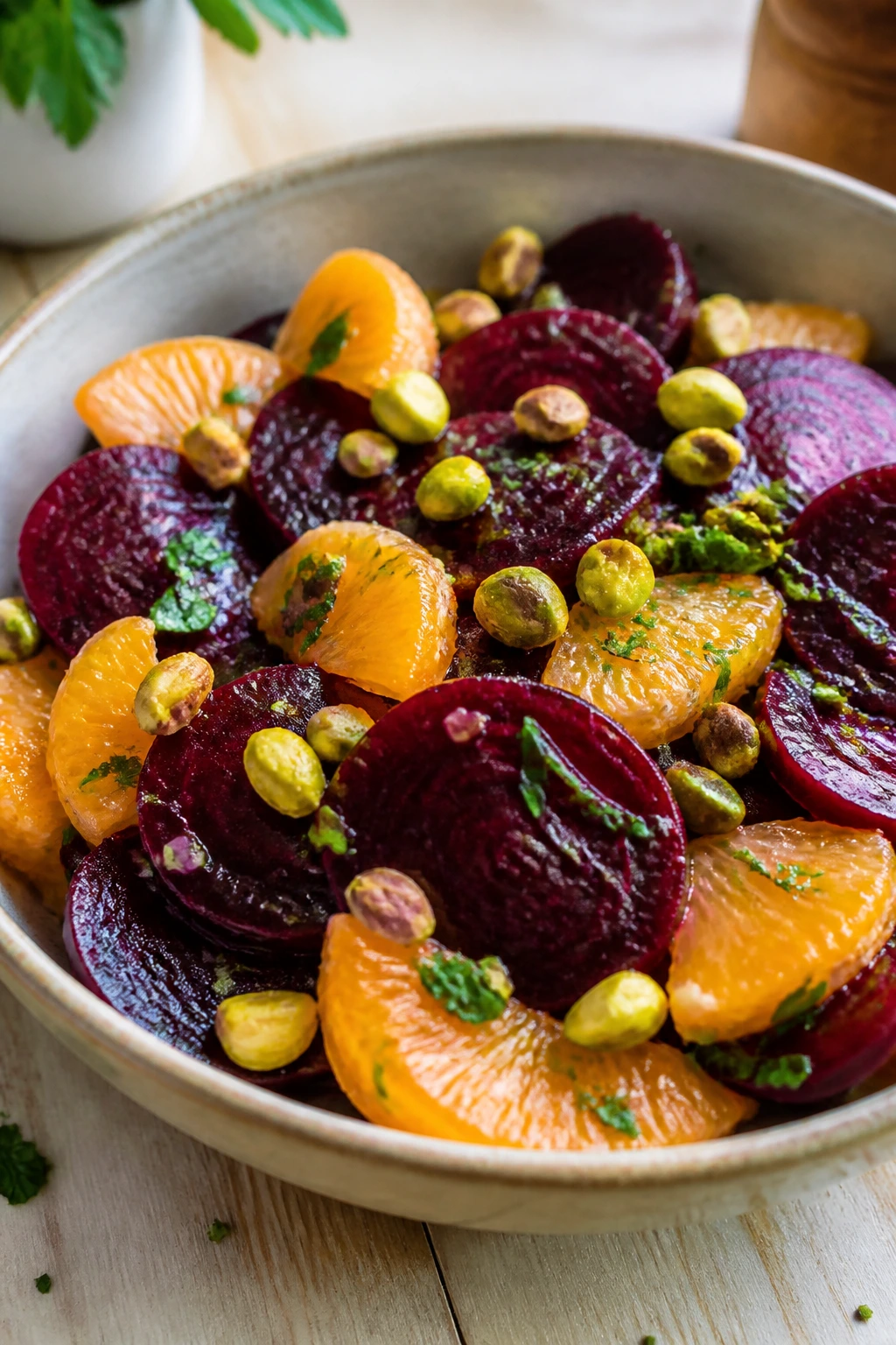 Close-up bowl of beet and orange salad with pistachios