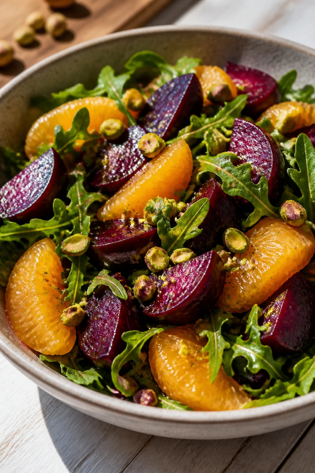 Vibrant beet and orange salad with pistachios in a bowl