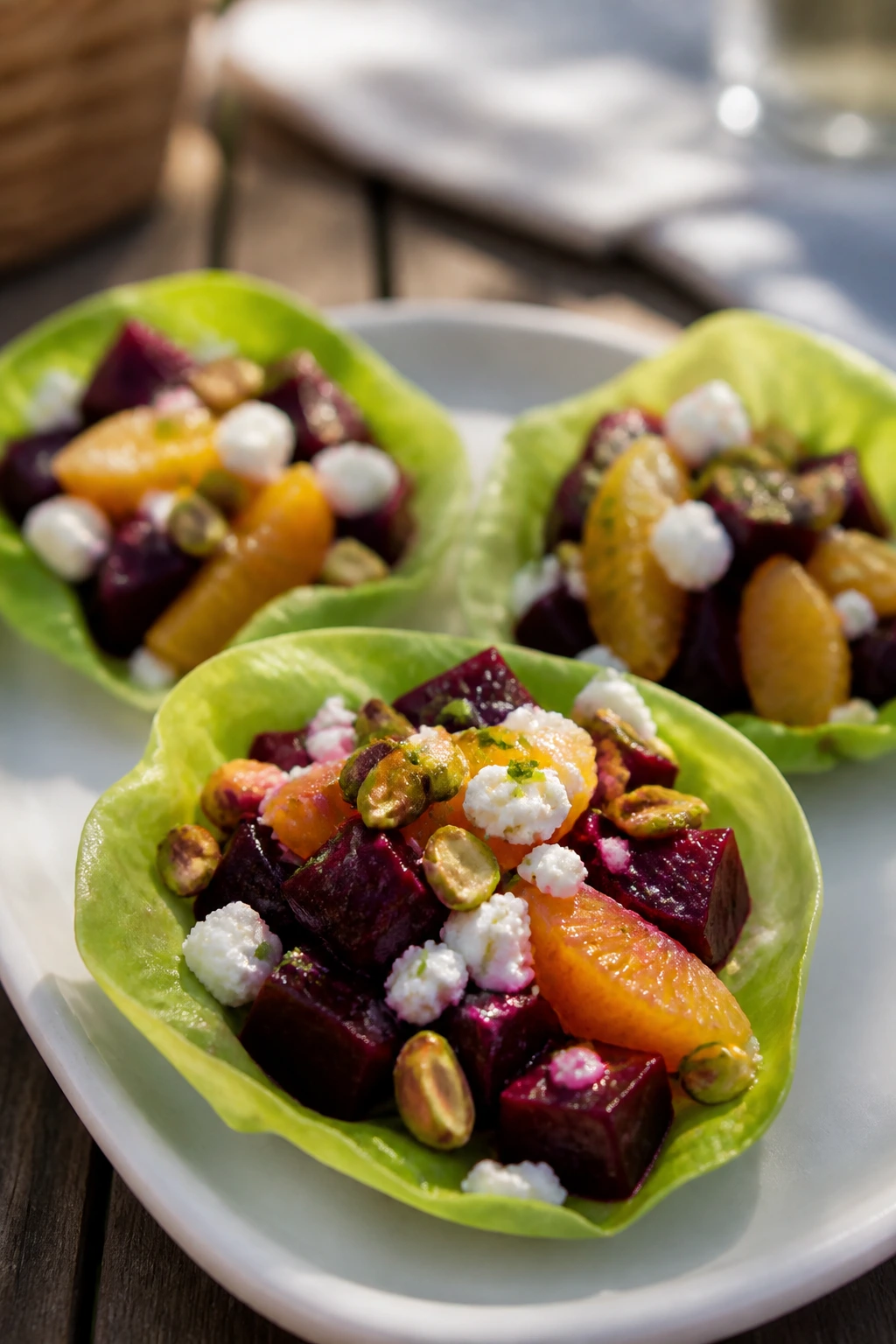Three lettuce cups filled with beets, oranges, feta, and pistachios outdoors