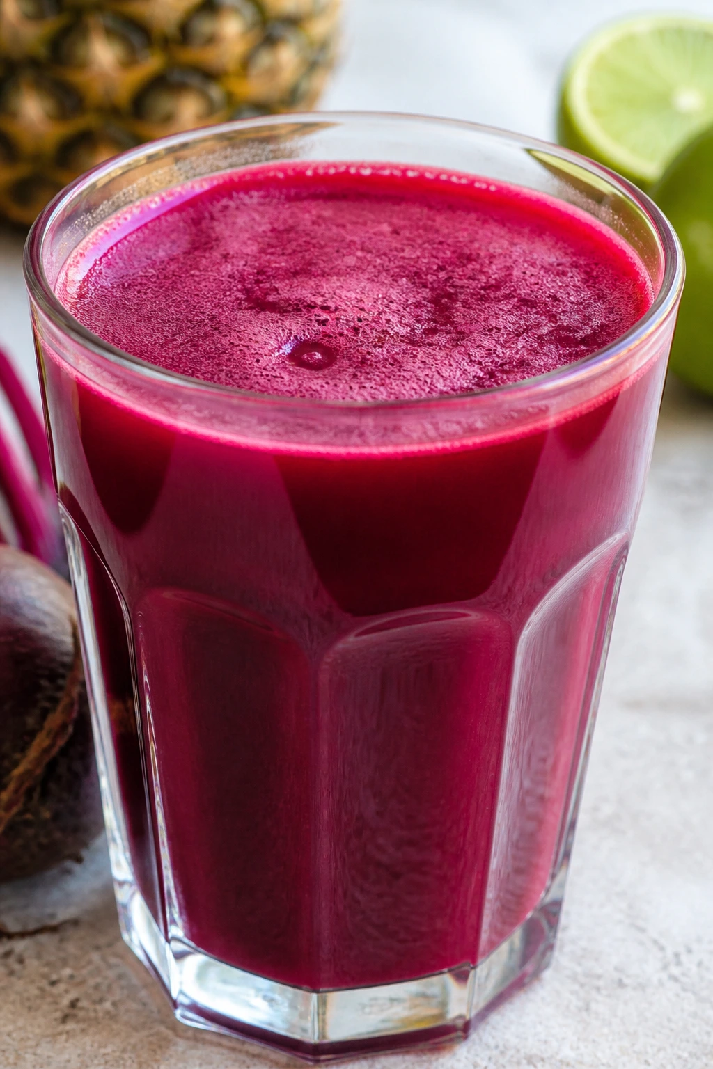 Close-up of a glass of Beet Pineapple Lime Juice on a neutral countertop