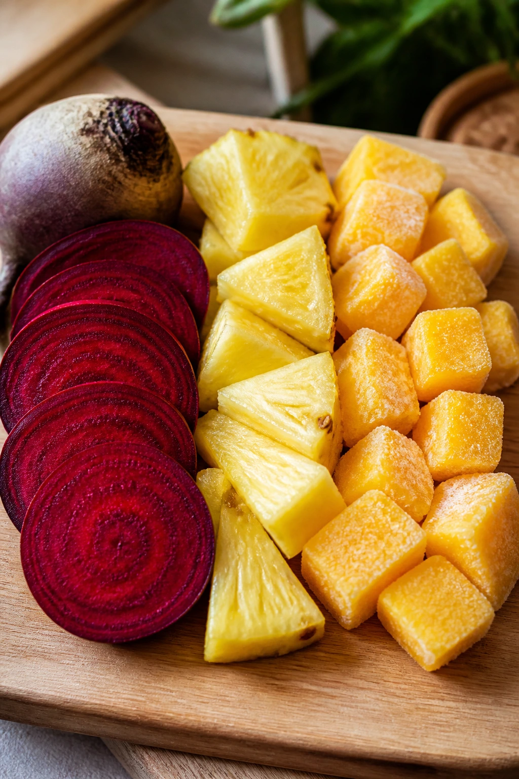 Top-down lineup of beet, pineapple, and mango on cutting board