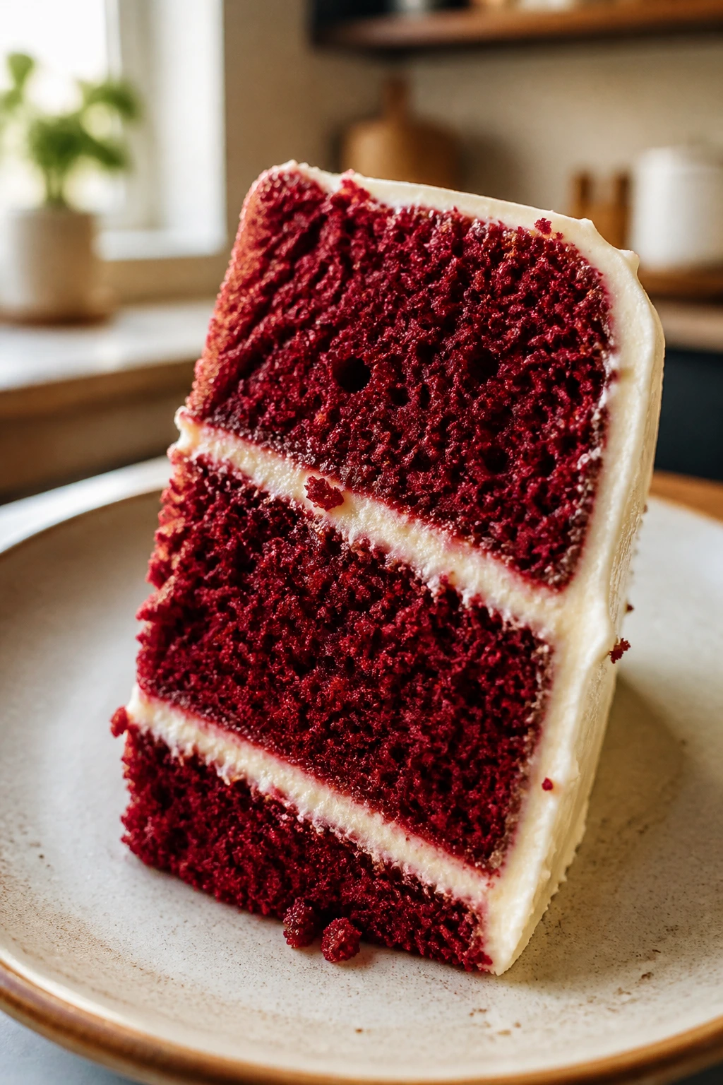 Close-up of beet red velvet layer cake slice with cream cheese frosting
