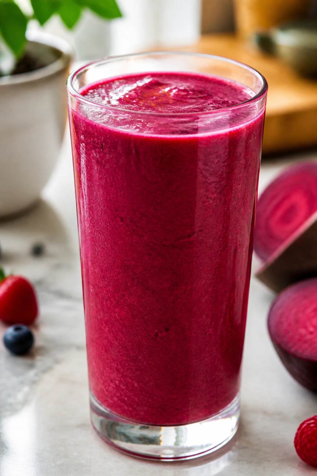 Beet berry glow smoothie in a tall glass on a kitchen counter