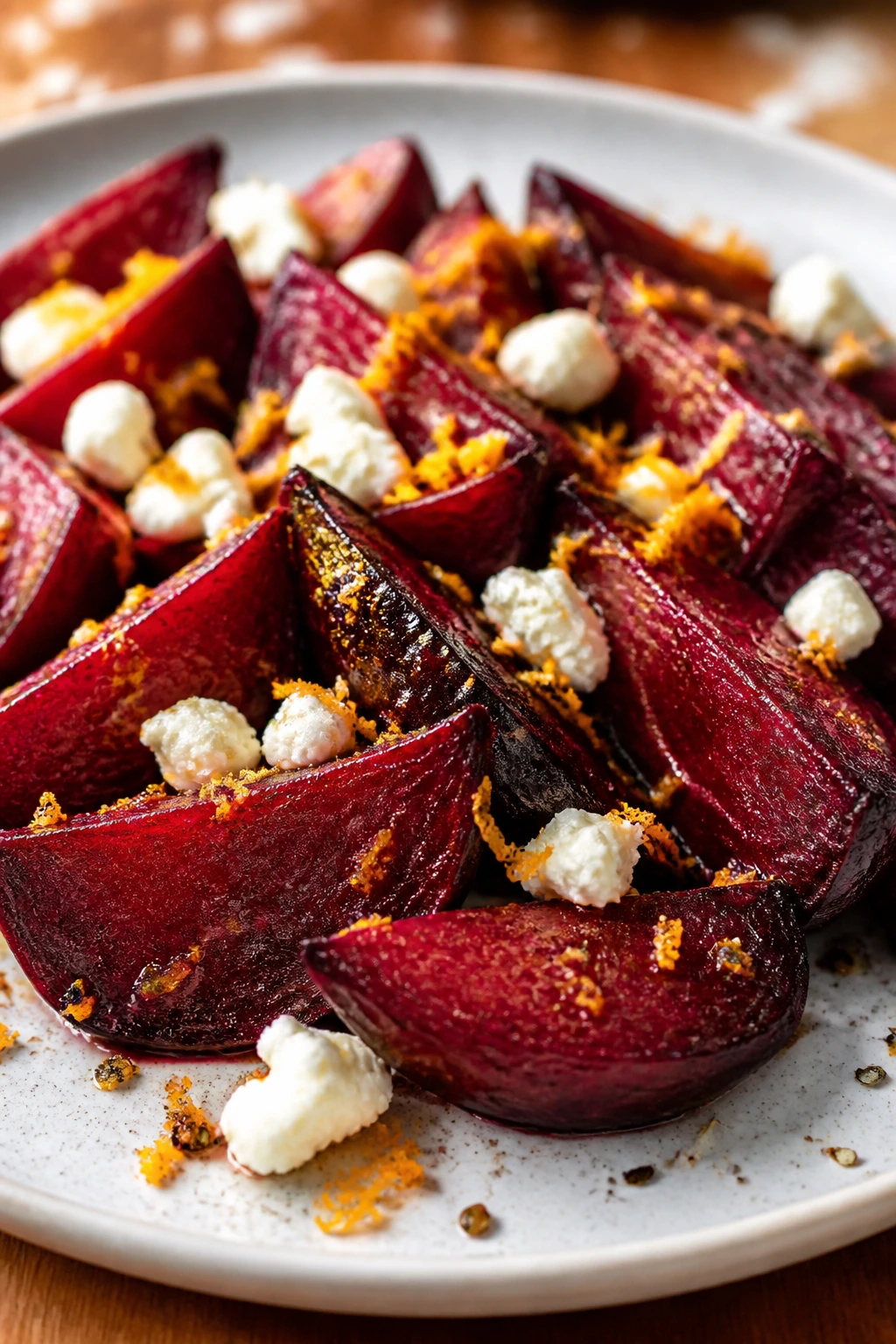 Beet wedges with orange zest and goat cheese on a plate