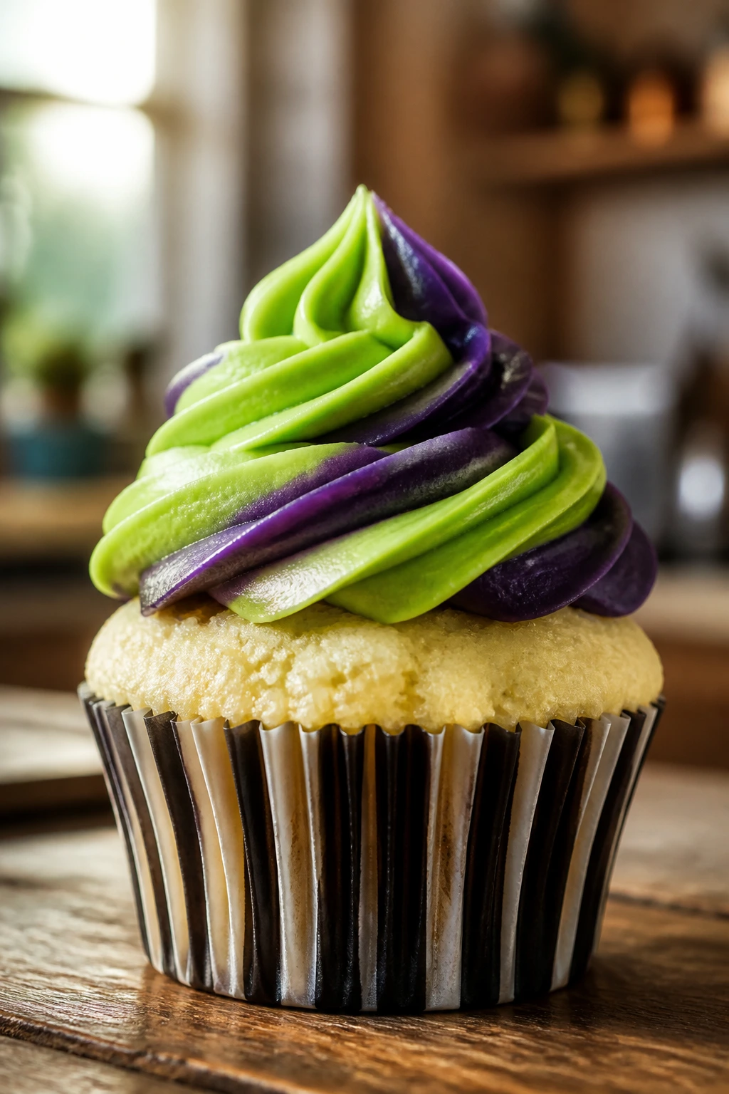 Close-up of fluffy Beetlejuice cupcake with green and purple frosting in a cozy kitchen
