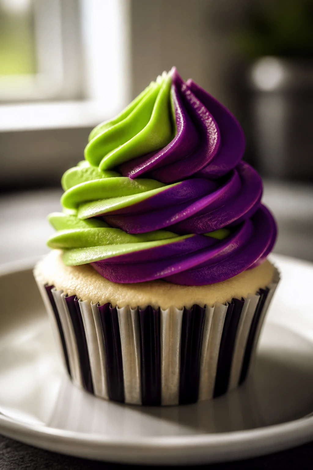 Beetlejuice cupcake with green and purple frosting on plate in kitchen