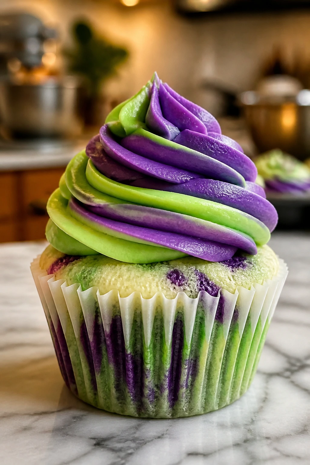 Cupcake with green and purple cream cheese frosting on countertop