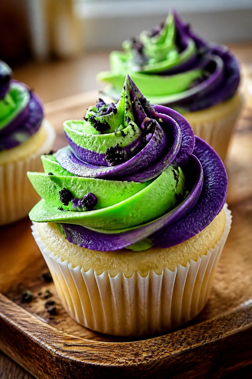 Close-up of a Beetlejuice-inspired cupcake with green and purple frosting on a wooden board
