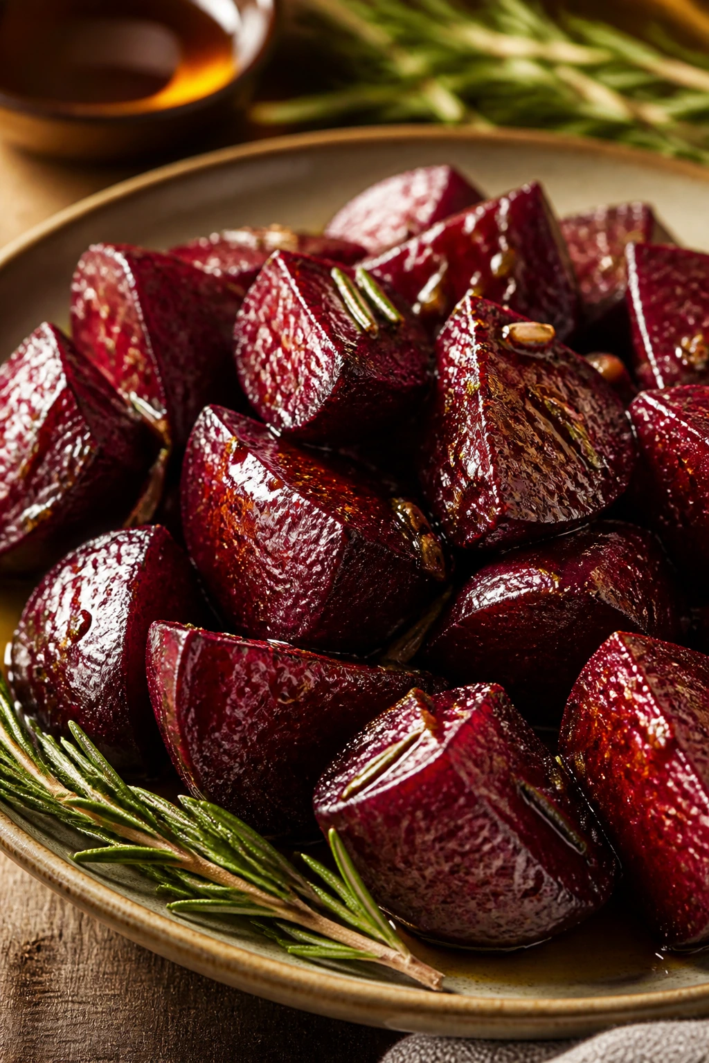 Beet wedges with honey glaze and rosemary in a rustic plate
