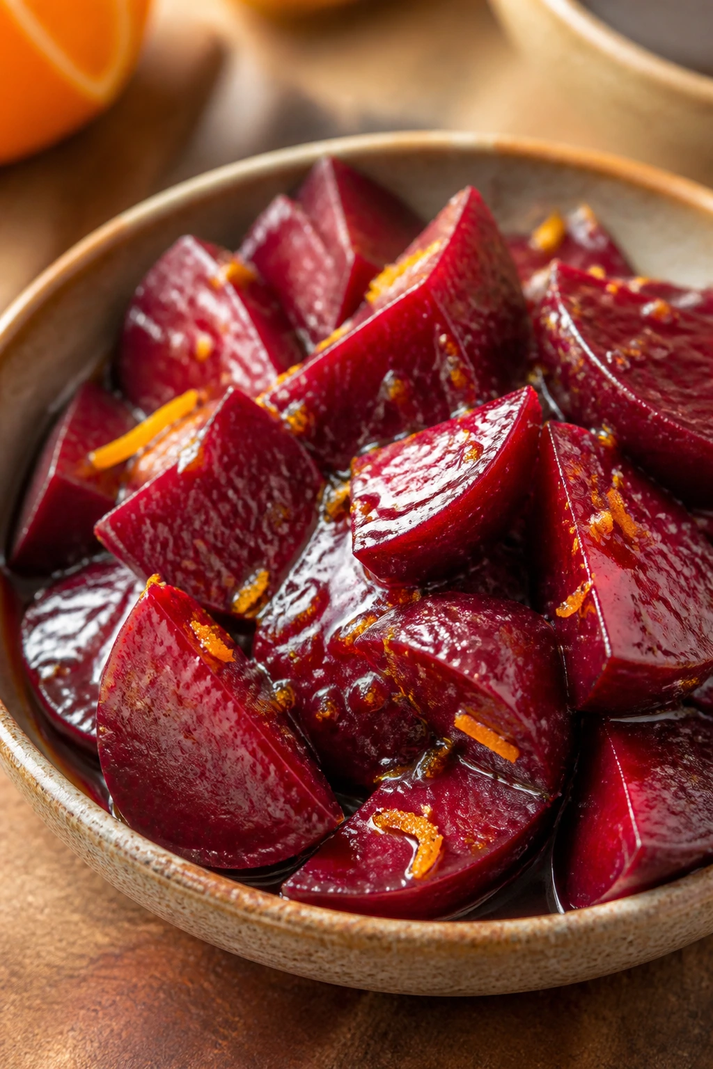 Beets with orange glaze in a rustic bowl