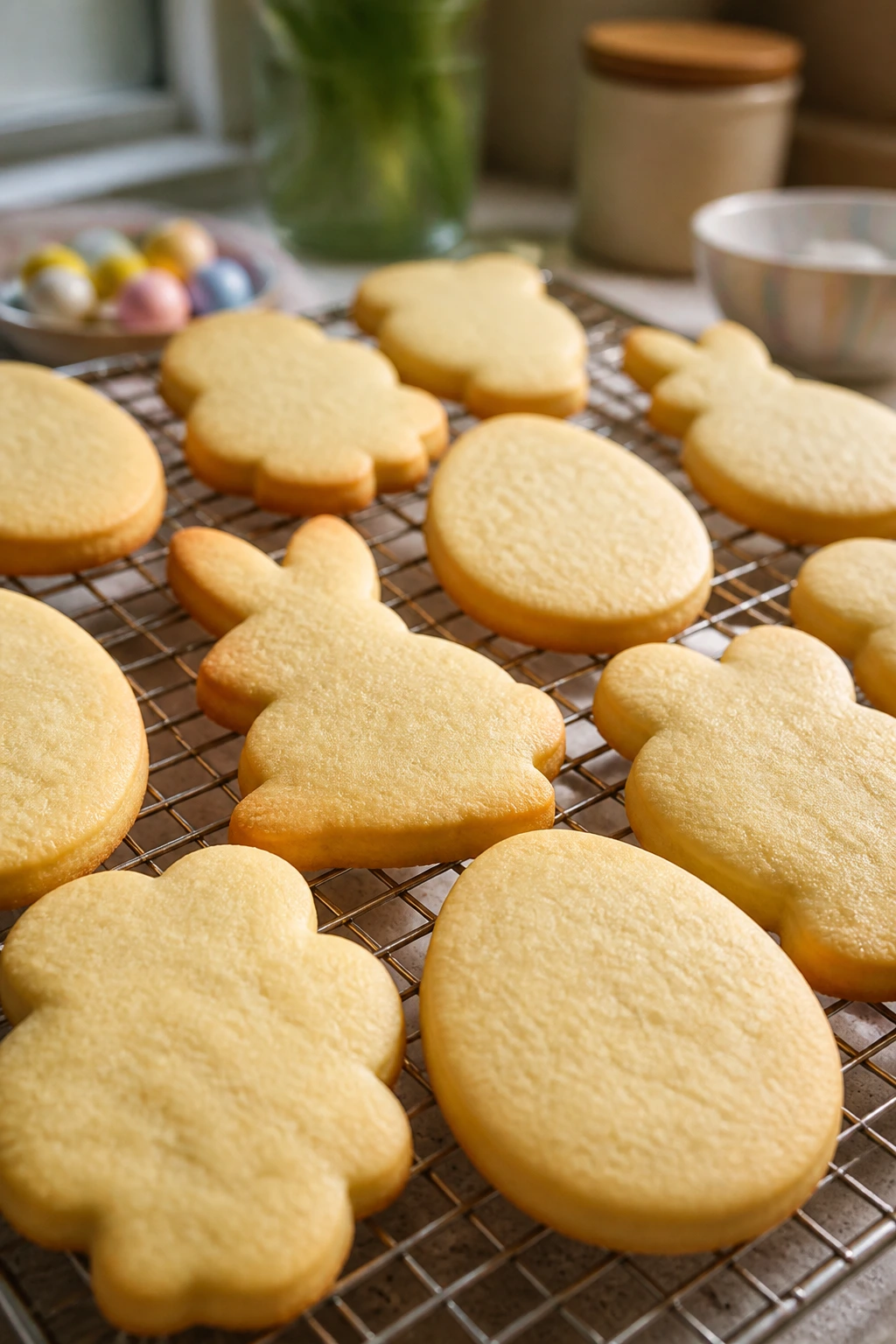 Tray of sugar cookies cooling on a wire rack in a warm kitchen
