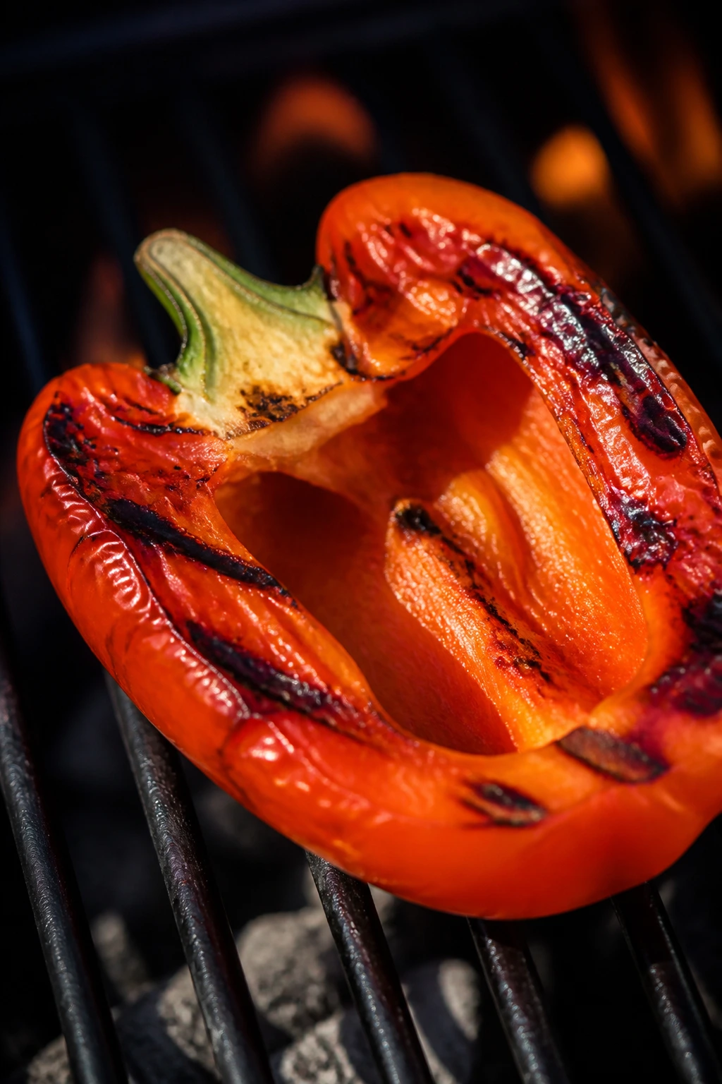 Single blistered bell pepper half on the grill in a backyard