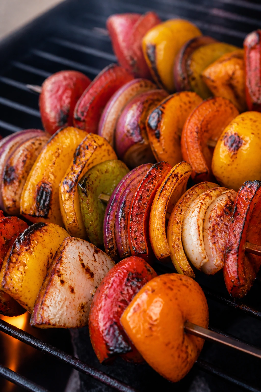 Close-up of taco-spiced bell pepper and onion skewers on a grill