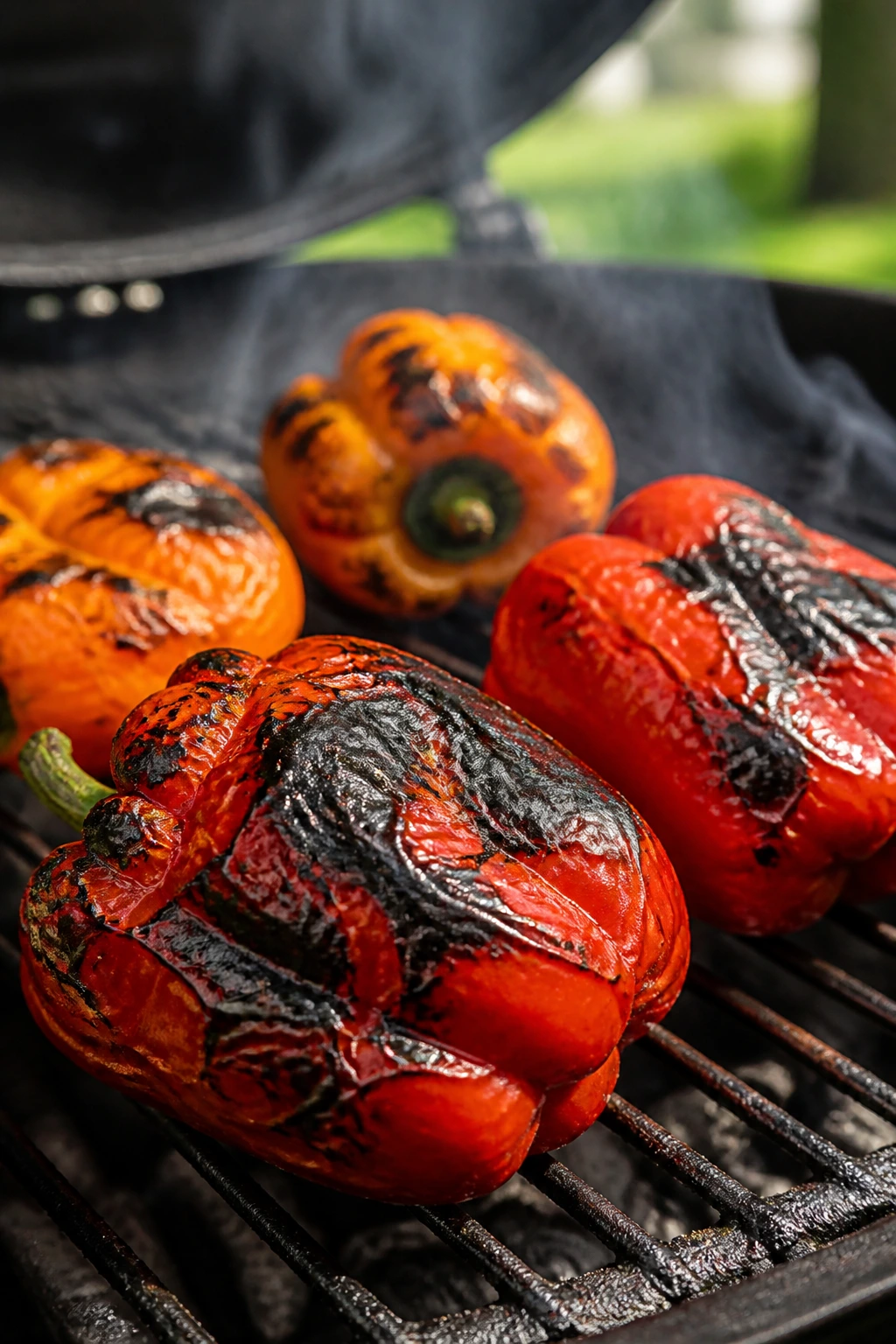 Blistered bell peppers on a grill with smoke in a backyard setting