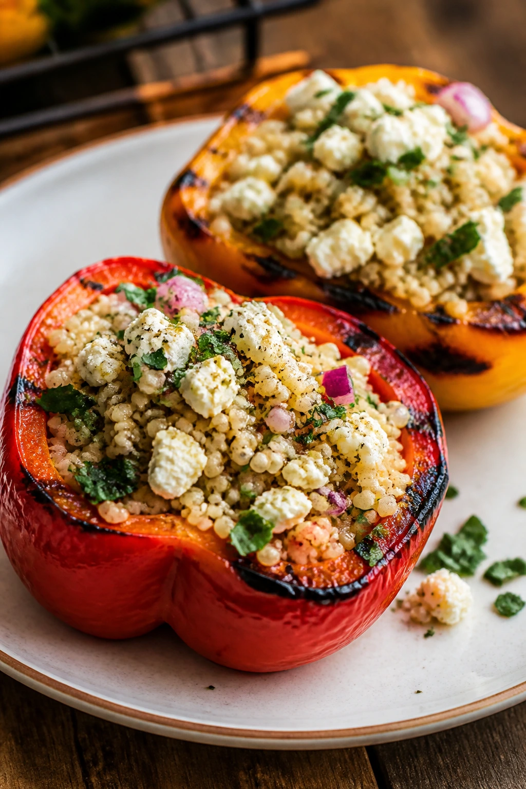 Halved bell peppers stuffed with couscous and feta on a plate