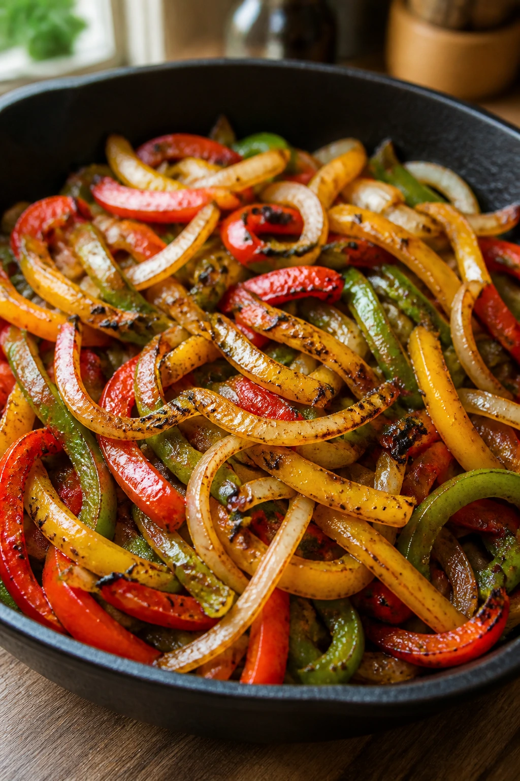 Close-up of colorful bell pepper and onion fajita strips in a skillet