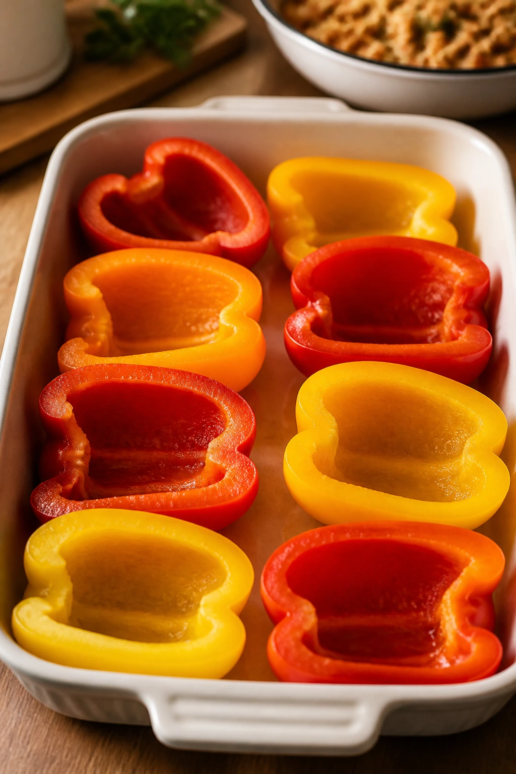 Halved bell peppers arranged in baking dish, ready to stuff