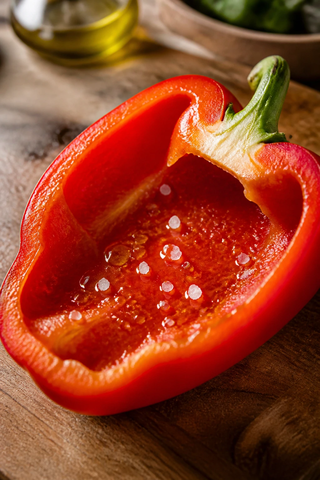 Halved bell pepper with seeds removed on a cutting board