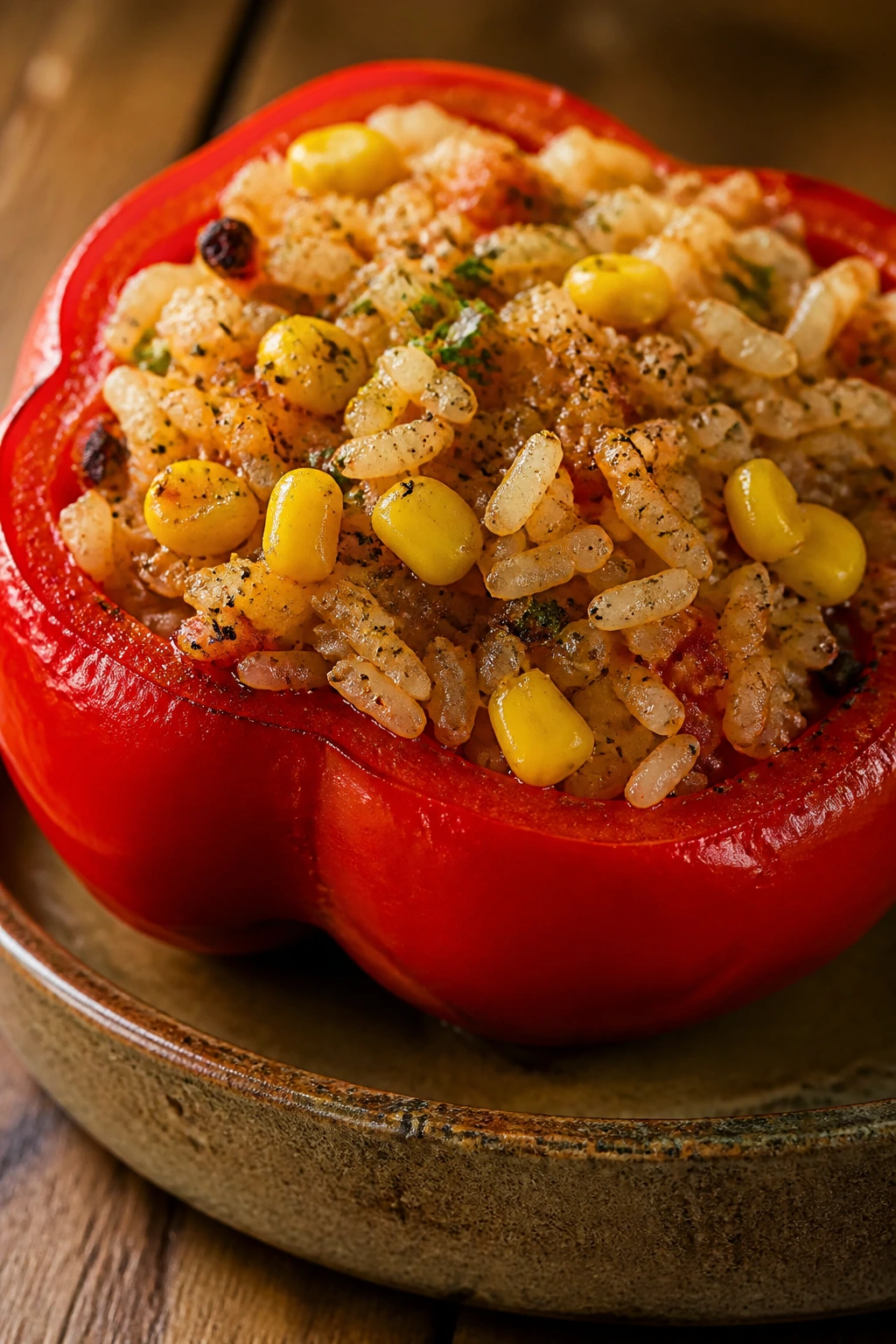Close-up of stuffed red bell pepper half with rice and corn filling