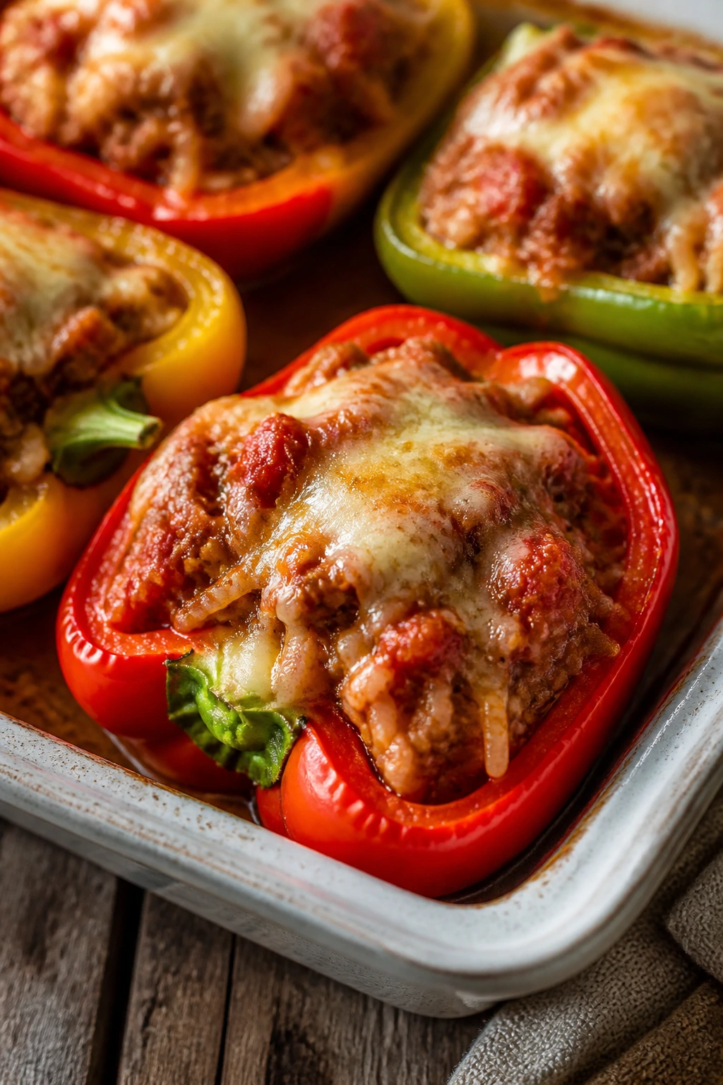 Colorful stuffed bell pepper half filled with meat and rice with melted cheese