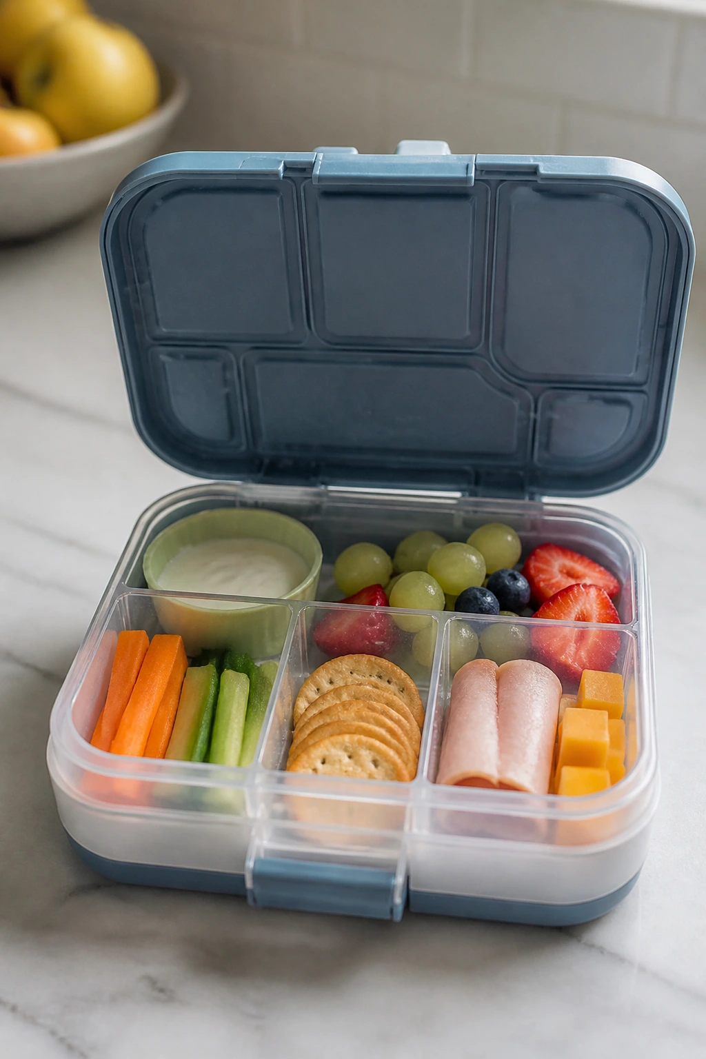 Open leakproof bento box showing organized compartments